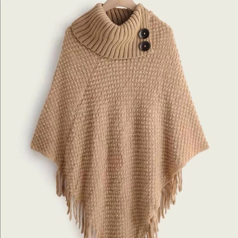 Shein High-Neck Fringe Hem Poncho Sweater
